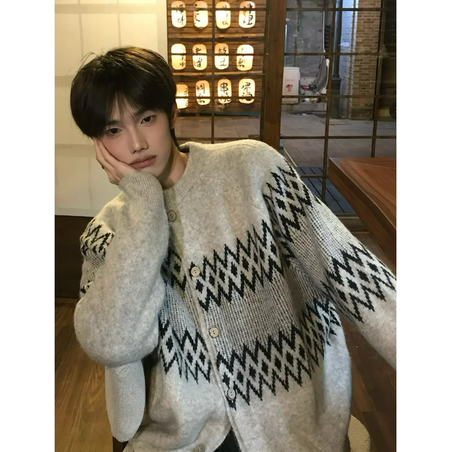 不对称错位菱格提花费尔岛老钱风开衫毛衣男秋冬美式复古针织外套