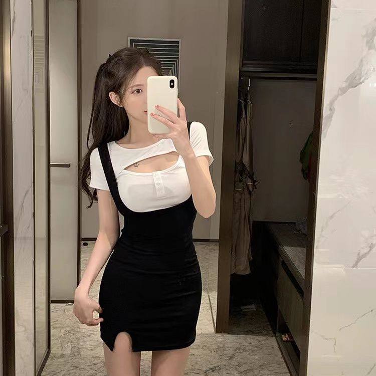 2023甜美清新时尚套装女镂空设计短袖T恤开叉包臀裙背带裙两件套
