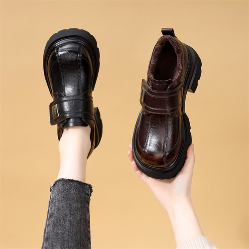 英伦厚底皮带扣加绒乐福鞋女