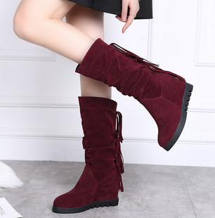 褶皱流苏靴女2025新款 显瘦中靴子女增高中筒堆堆靴不过膝长 秋冬季