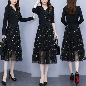 RM21051#韩版大码女装洋气减龄网纱拼接收腰显瘦时尚连衣裙