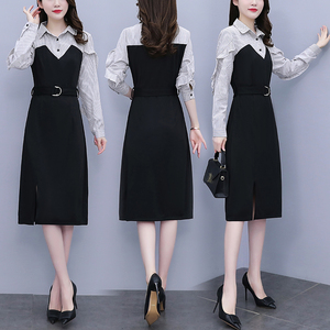 RM21050#新款韩版大码女装小香风修身条纹假两件拼接连衣裙