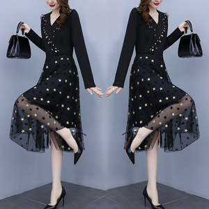 RM21051#韩版大码女装洋气减龄网纱拼接收腰显瘦时尚连衣裙