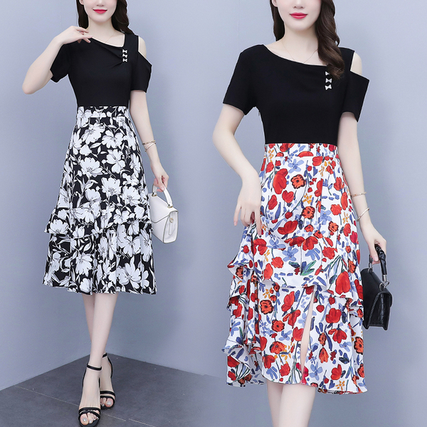 RM15775#夏季新款修身显瘦气质假两件碎花典雅花朵时尚遮肉连衣裙
