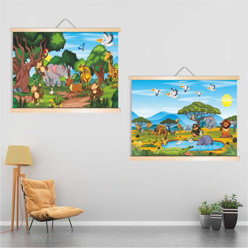幼儿园儿童房卡通动物电表箱装饰画森林大象狮子实木卷轴挂画萌趣图片