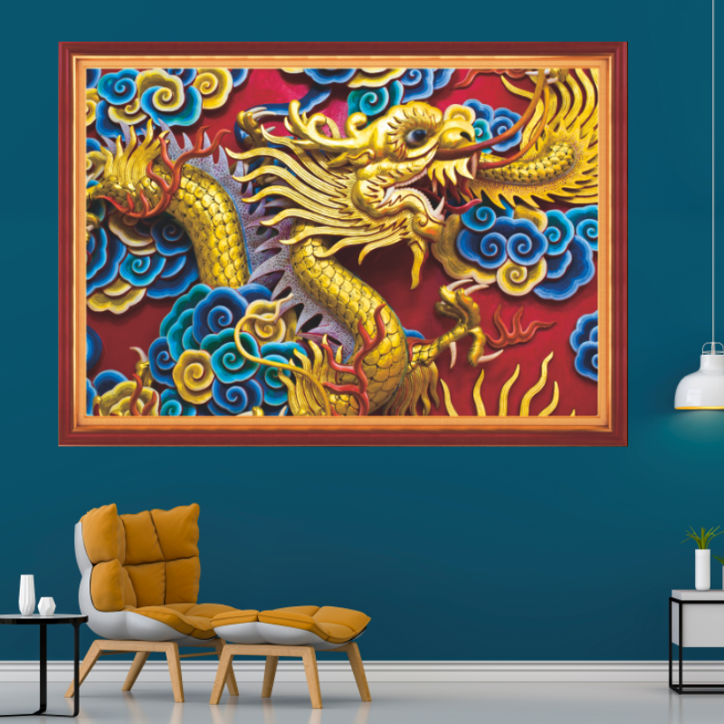 金龙镇宅中堂壁画客厅家居沙发电视背景墙装饰油画芯双龙戏珠背胶