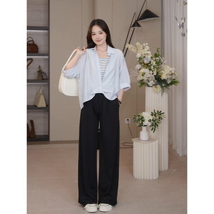 夏大大大码 假两件七分袖 衬衫 女设计感扭结休闲通勤显瘦上衣 女装
