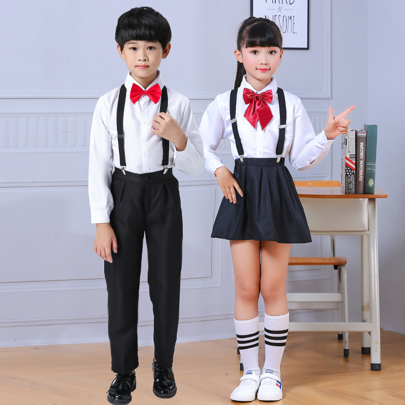 六一男孩白色短袖衬衫领结背带裙