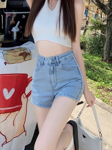 浅蓝色高腰牛仔短裤女夏季薄款2022年新款显瘦弹力辣妹a字热裤子