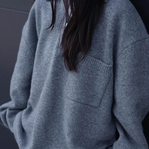 Gnomes lab 24AW 100%美利奴羊毛纯色宽松花灰拉链毛衣