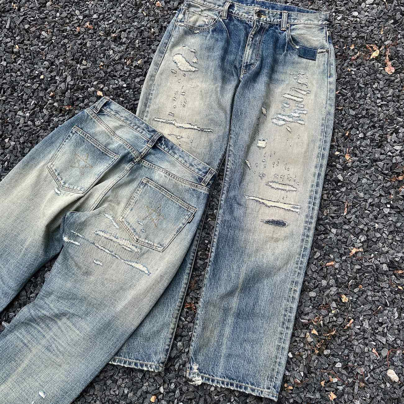 Gnomeslab25AW窄幅白耳德州元济定织13.5oz重水洗破坏直筒牛仔裤