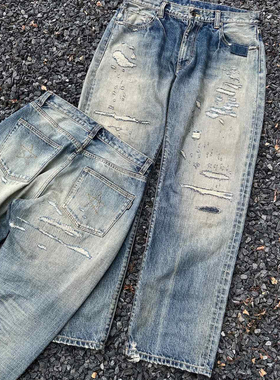 Gnomeslab25AW窄幅白耳德州元济定织13.5oz重水洗破坏直筒牛仔裤