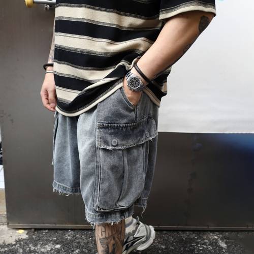 Gnomes lab 25AW 莱赛尔混纺重水洗破坏灰色牛仔工装短裤