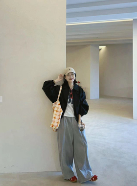 博主款 L97136黑色翻领小外套 宽松短款夹克女2025春新款