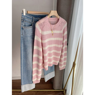 B1102韩版条纹针织衫薄 圆领套头毛衣2023春装新款