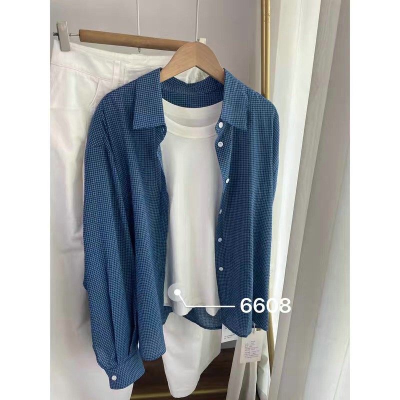 博主款 G256030披肩加宽松细格子蓝衬衫 上衣女2025春夏