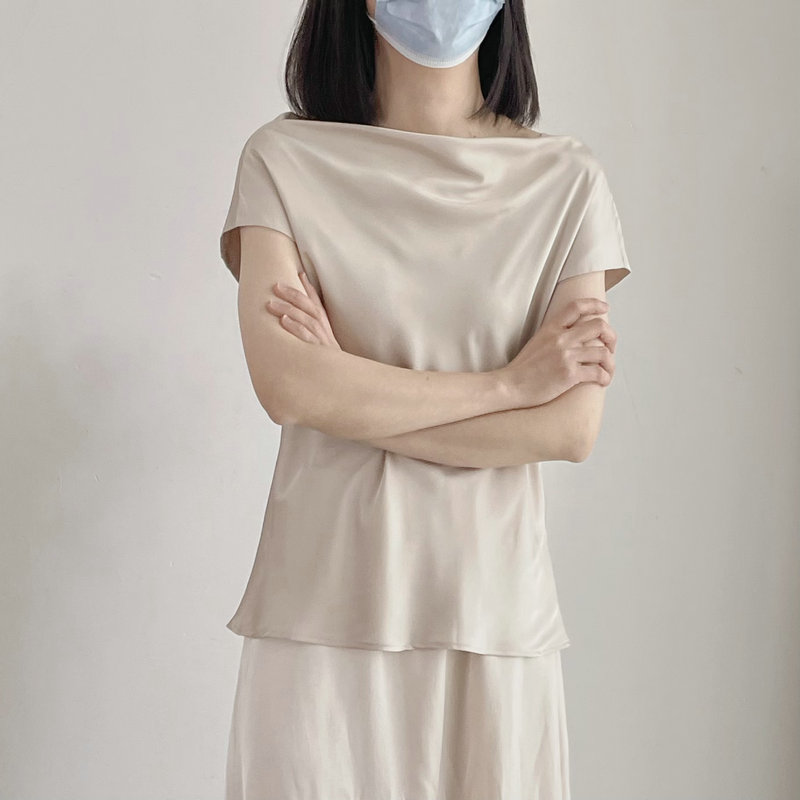 S0988女神气质一字领荡领香槟色缎面短袖衬衫上衣女2024春夏