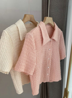 C3131泡泡皱短袖翻领上衣 修身短款T恤小衫女2023春夏新款