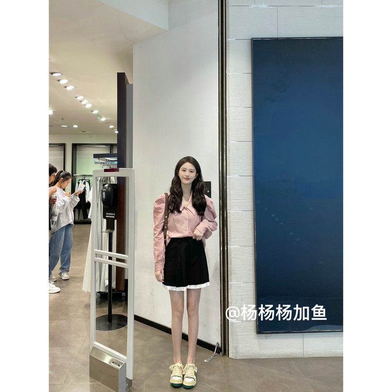 博主同款 韩系氛围感G2009粉色泡泡袖衬衫加Y0013黑色短裙
