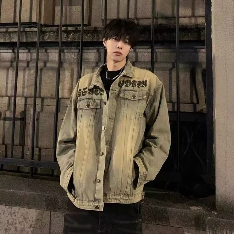 美式复古水洗做旧牛仔外套男春秋款潮牌高街英文印花痞帅工装夹克