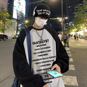 情侣国风卫衣纯棉圆领插肩袖春秋季撞色宽松休闲英文印花套头外套