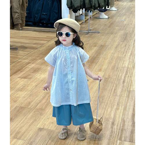 女童韩版条纹连衣裙阔腿裤套装