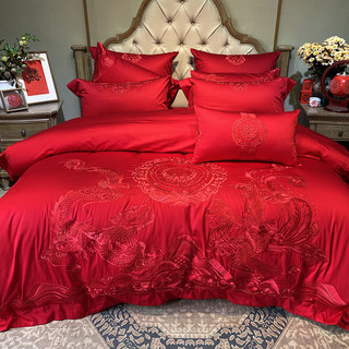 高端140支匹马棉刺绣四件套100全棉大红色婚庆结婚被套新婚床品