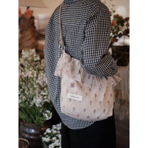 原创设计花边hobo少女单肩包大容量百搭斜挎包小众通勤布袋水桶包