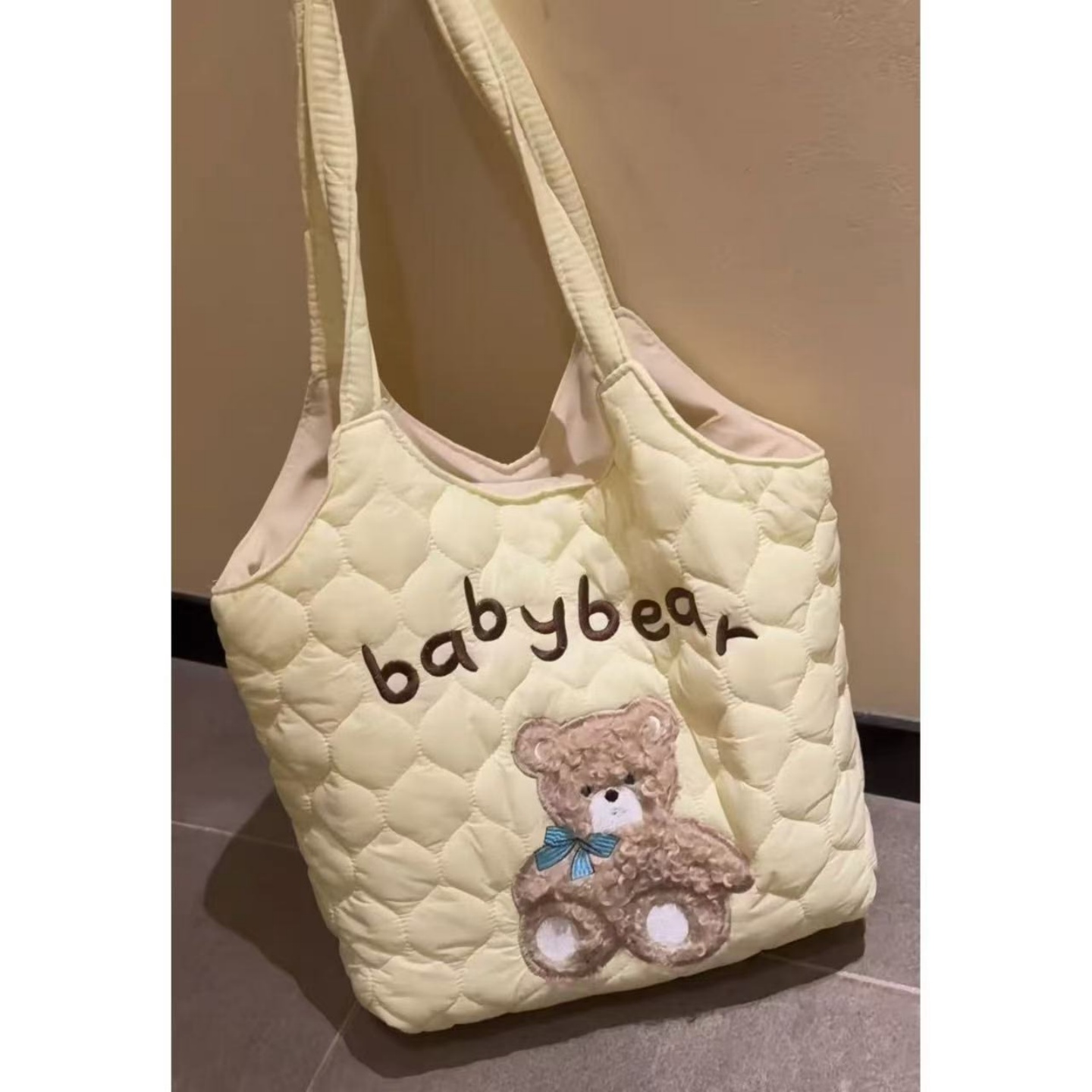 可爱小熊拼接布袋包大容量字母刺绣夹棉托特包学生上课通勤单肩包