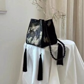 新中式 鎏金蝴蝶包包女国风流苏串珠通勤托特包小众单肩斜挎小方包