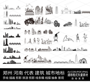 甘肃兰州筑市城建天际地标线条描稿剪影旅游景观手绘插画设计素材