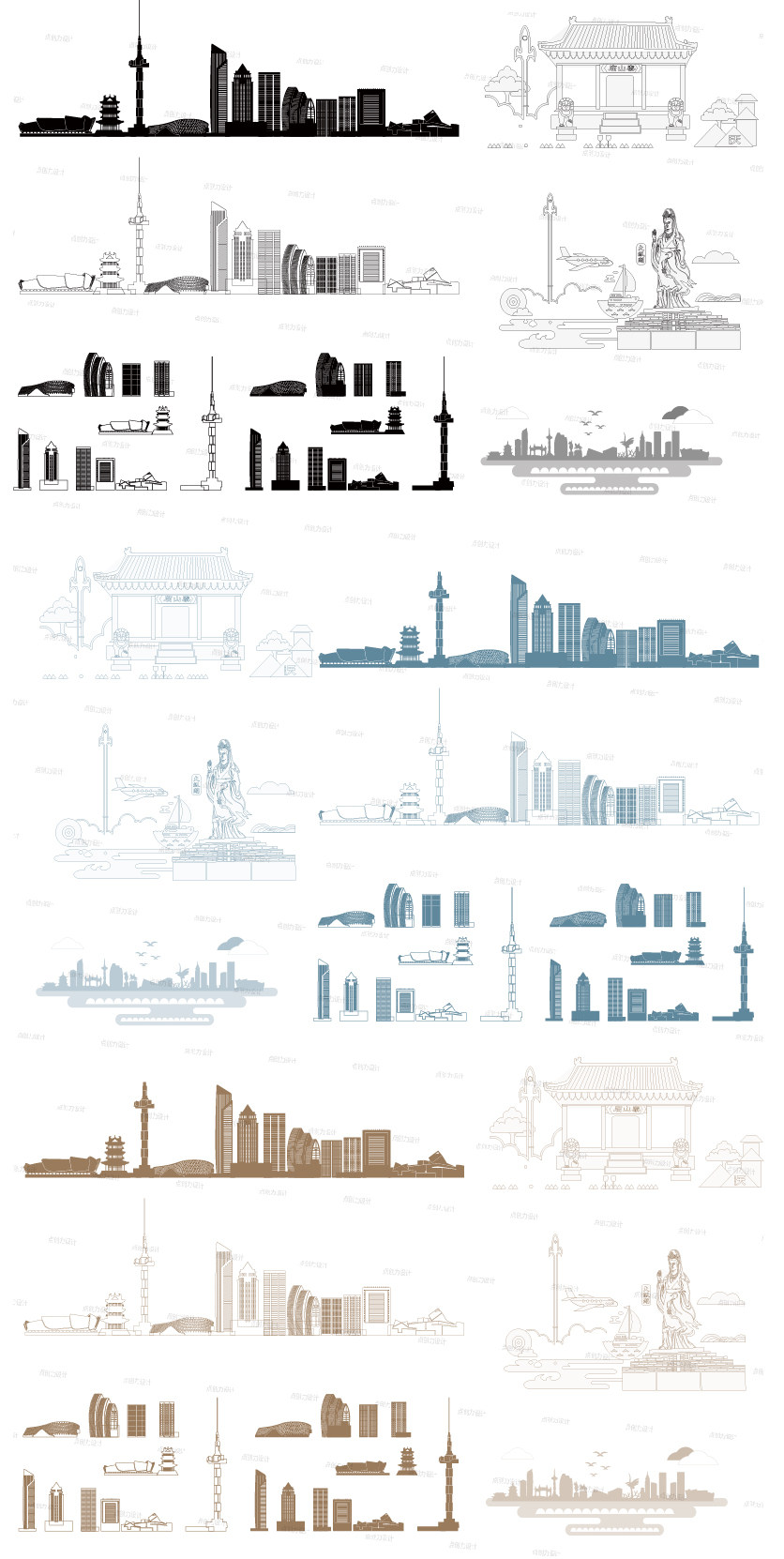 盐城江苏建筑设计插画景点城市手绘剪影旅游天际地标线条描稿素材