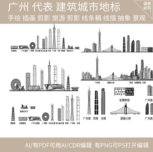 广州地标志建筑天际线条描稿设计景点广东剪影旅游插画城市素材