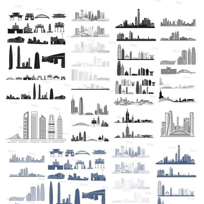 宁波浙江剪影景点手绘插画城市建筑地标志设计天际线条描稿素材