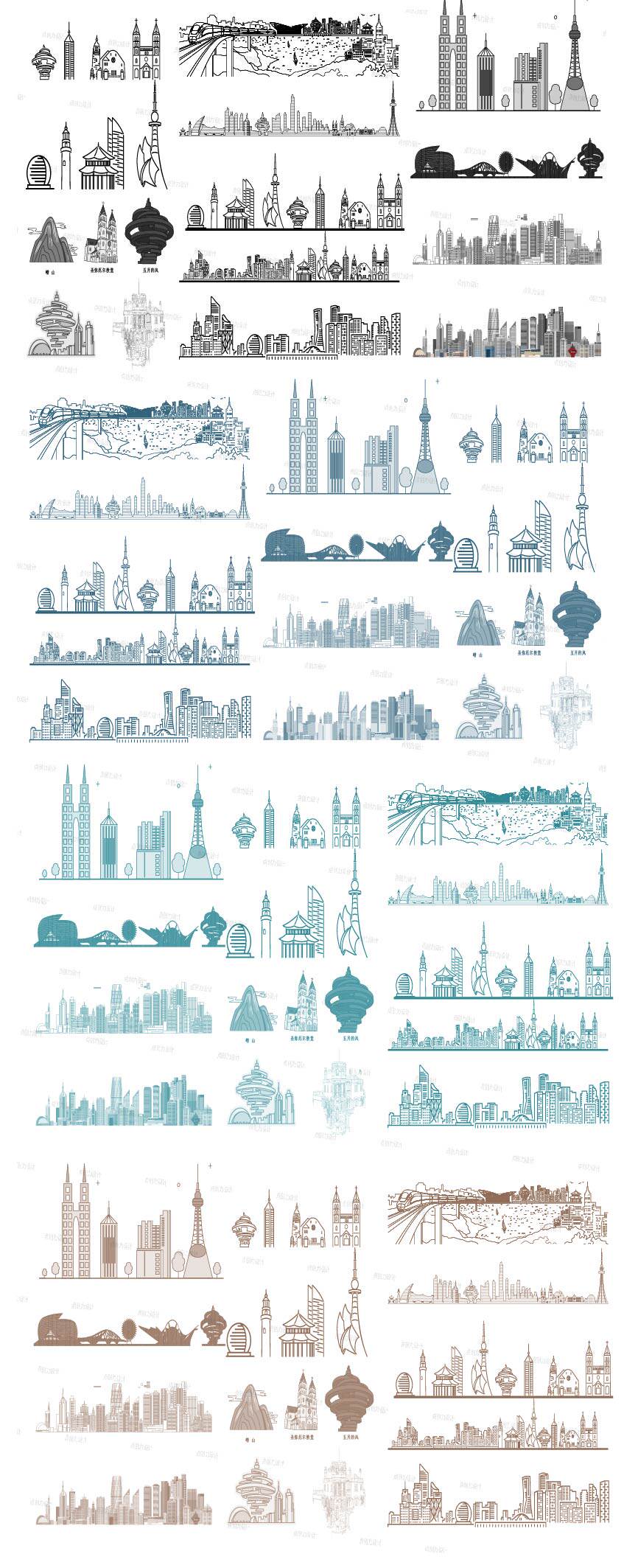 山东济南城市地标建筑天际线条描稿剪影插画景观手绘设计素材