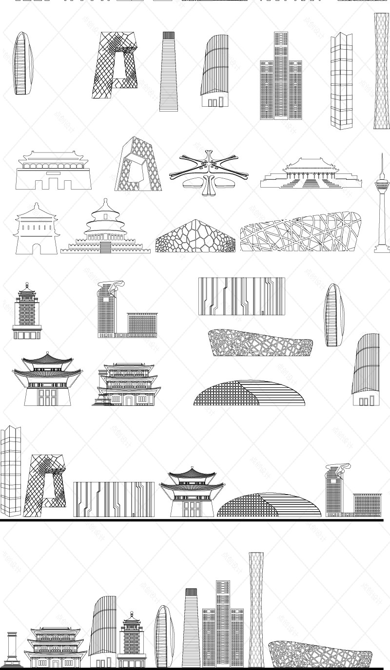 北京首都建筑旅游景点设计剪影插画城市手绘天际地标线条描稿素材