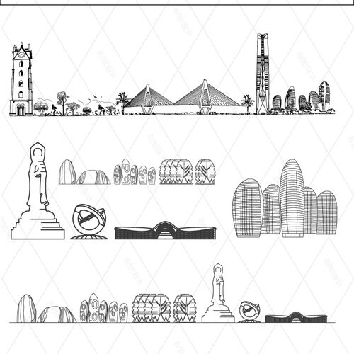 三亚海南建筑标志天际线条描稿剪影城市地标设计插画景点手绘素材