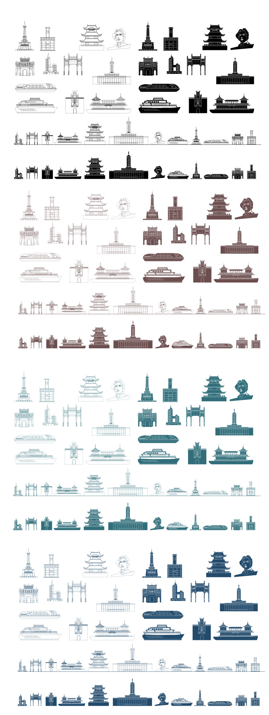 长沙湖南11城市地标志手绘建筑剪影景点插画天际线条描稿素材