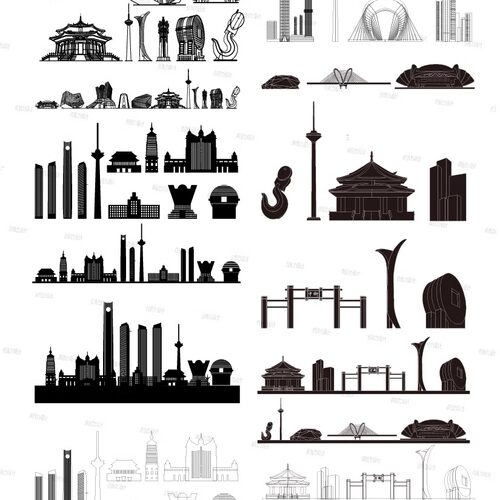 沈阳辽宁地标志手绘插画天际线条描稿景点建筑剪影城市旅游素材