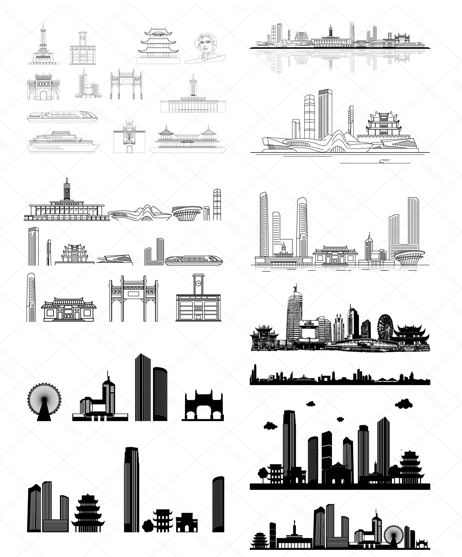 长沙湖南建筑城市旅游景点剪影插画手绘天际地标线条描稿设计素材