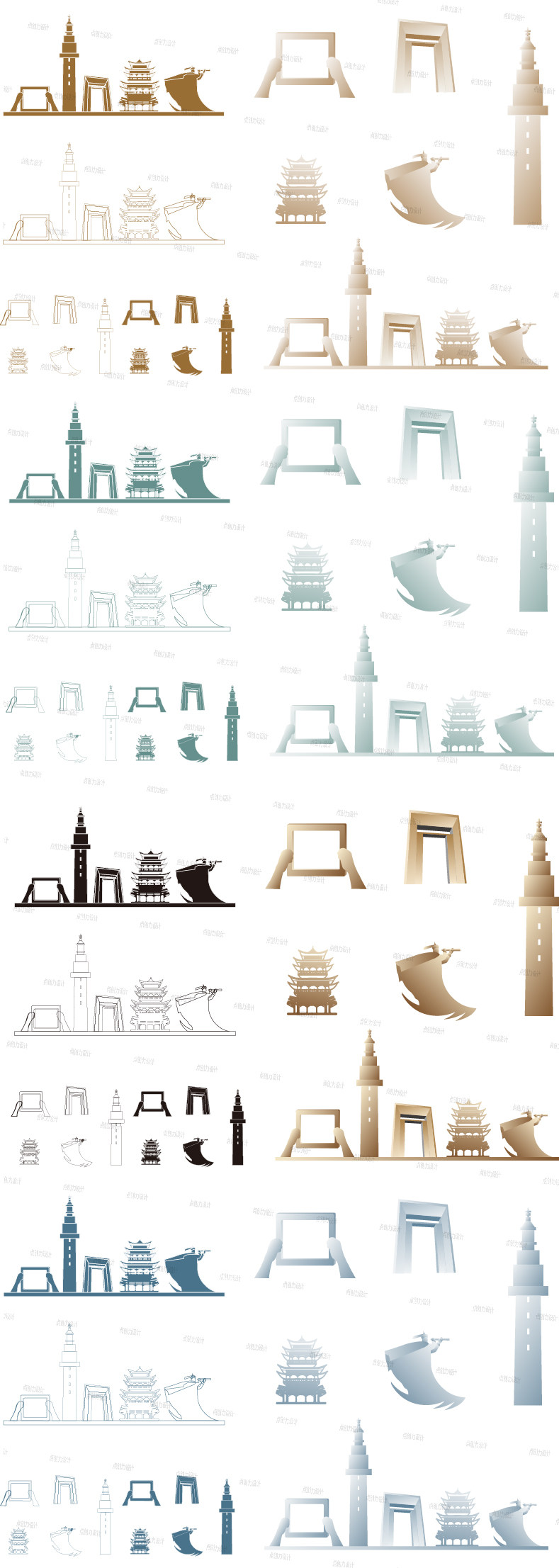 威海山东城市地标建筑天际线条描稿剪影插画景观手绘设计素材