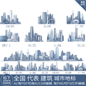 全中国深圳天津广州澳门上海北京东莞建筑地标志城市天际线素材