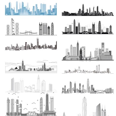 深圳广东大湾区粤港澳珠三角建筑城市剪影天际地标线描景点素材