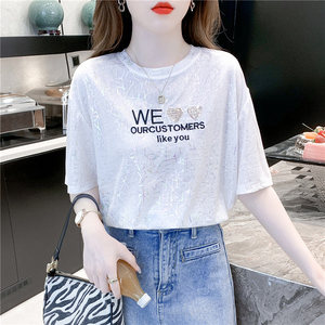 RM7247#夏季新款洋气时尚百搭上衣韩版宽松重工亮片刺绣短袖T恤