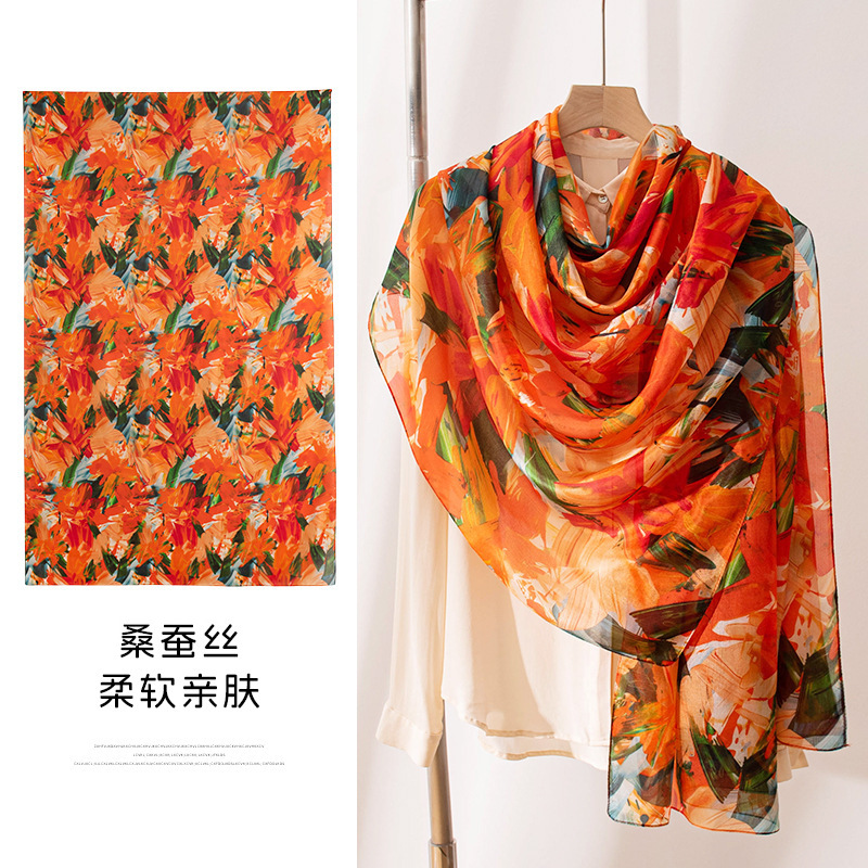 围巾春夏薄款洋纺长条丝巾真丝感橘色印花真丝素绉缎丝巾