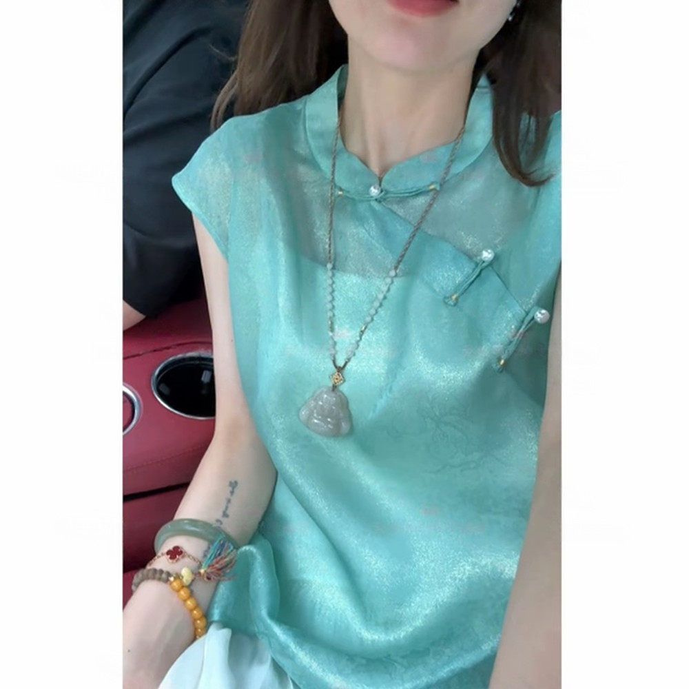 显白湖蓝新中式盘扣立领衬衫女