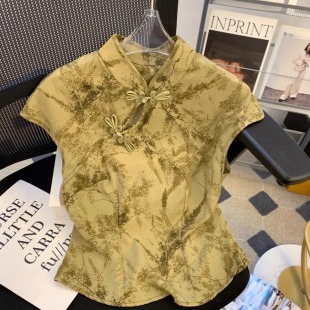 复古甜辣小上衣别致 新款 衬衫 女新中式 盘扣旗袍领国风提花镂空夏季