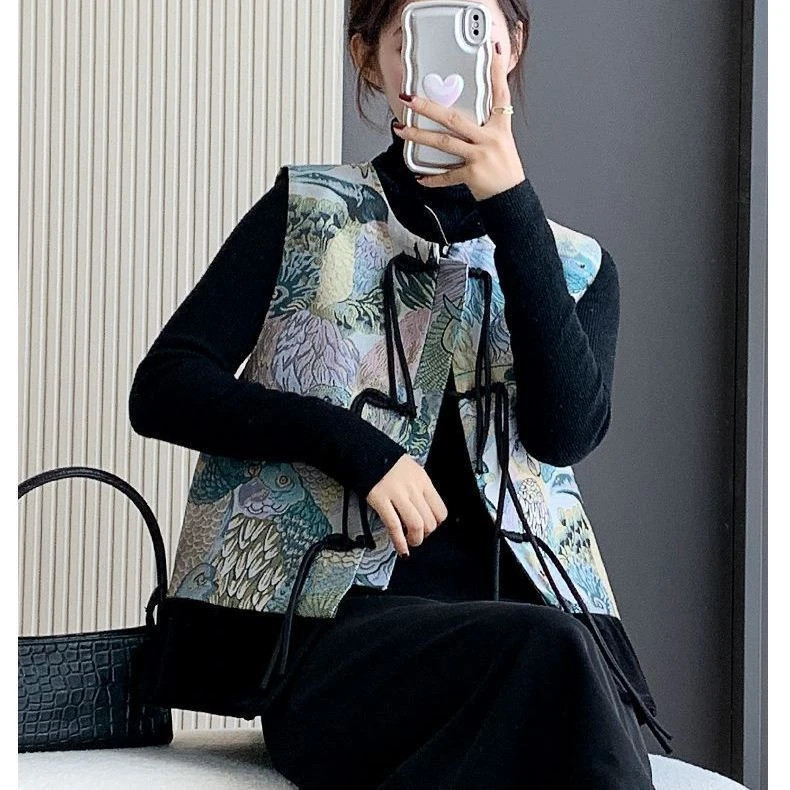 秋季国风撞色花鸟马甲女显瘦