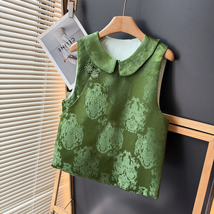 2026春新中式 背心绿色斜襟盘扣马夹上衣 国风提花马甲女娃娃领无袖