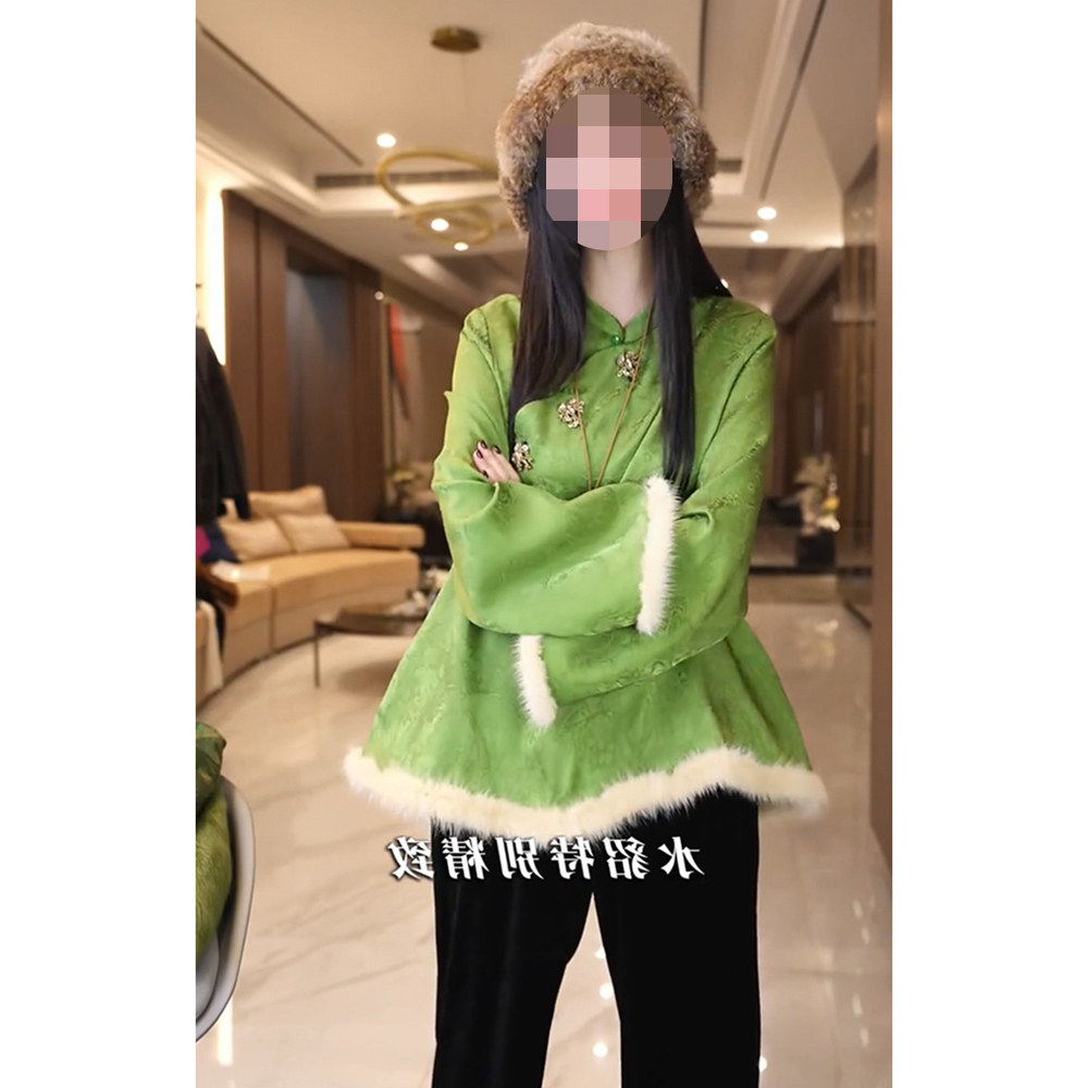高档斜襟拼接毛边立领气质百搭显瘦上衣女秋冬新中式加棉提花衬衣